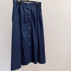 Vintage button front denim midi skirt blue pleated pockets Mister Leonard Canada